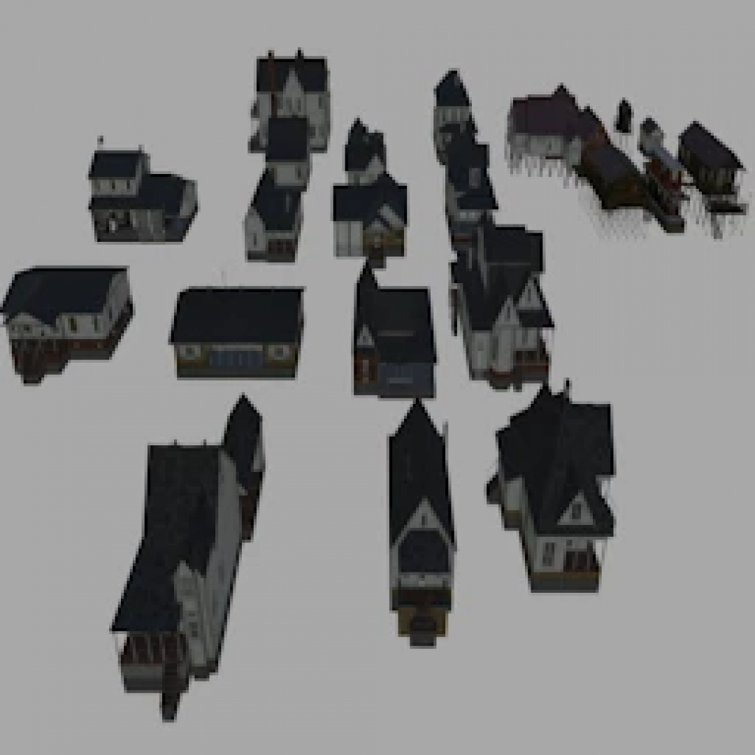 FS25 Packs Buildings US v1.0.0.0 mod showing various American-style buildings for Farming Simulator 25.