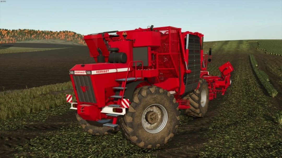 FS25 Vervaet 17t mod in Farming Simulator 25, featuring a red agricultural harvester on a field.