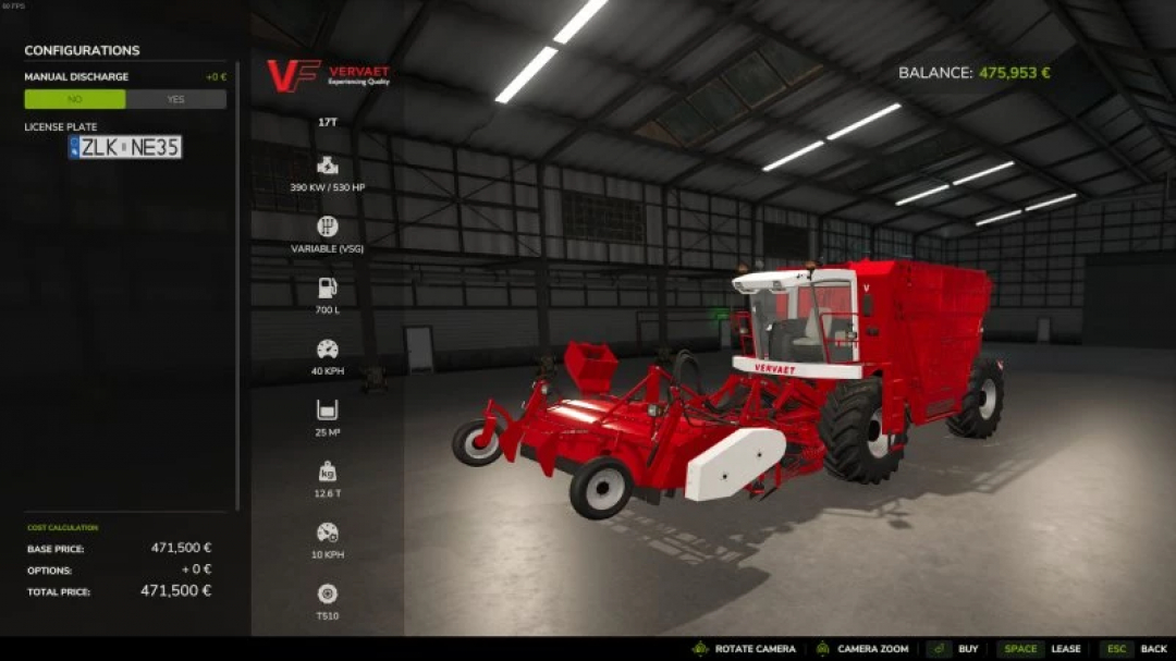 FS25 Vervaet 17t mod in Farming Simulator 25, showcasing a red agricultural machine in a virtual garage with configuration options.