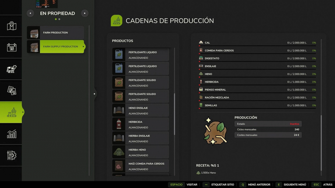 FS25 Farm Production v1.0.0.0 interface showing production chains and inactive status.