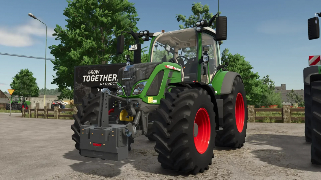 Fendt 870KG tractor mod in Farming Simulator 25 with detailed front attachments, showcasing 'Grow Together' on signage.