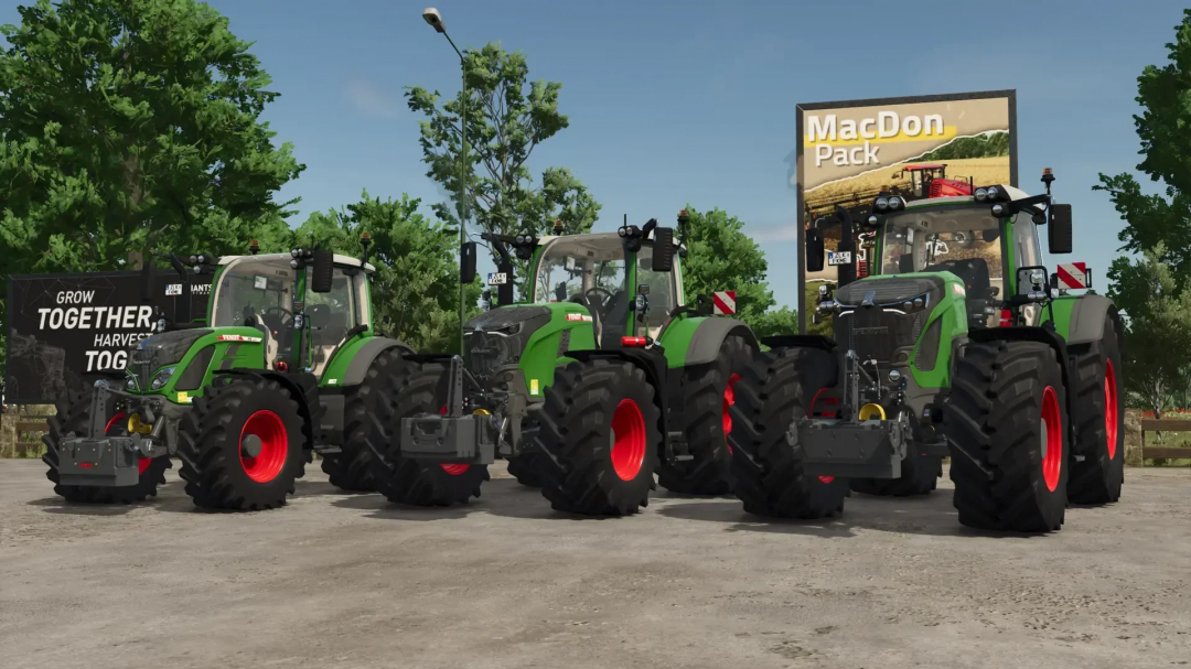 Three Fendt tractors with the Fendt 870KG mod in FS25, parked with trees and billboards in the background.