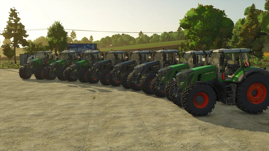 A lineup of Fendt 93x Vario tractors in FS25 mod version v1.0.0.1, showcasing detailed models under a sunny sky.