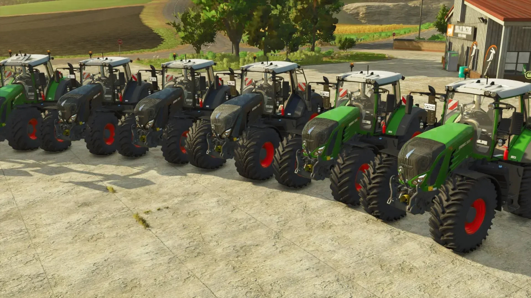 Row of Fendt 93x Vario S4 tractors in FS25 mod, parked on a farm.