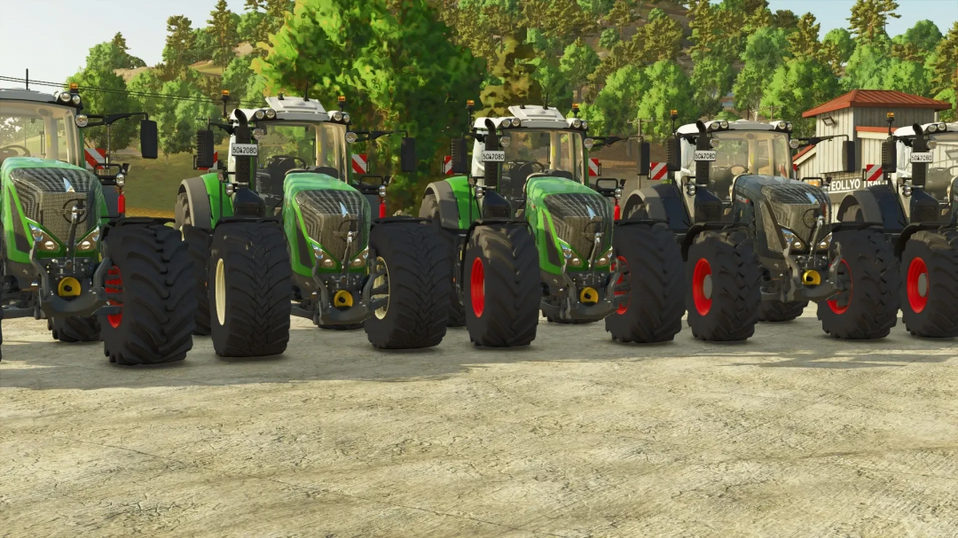 Five Fendt 93x Vario S4 tractors in Farming Simulator 25 mod v1.0.0.1, displayed in a row.