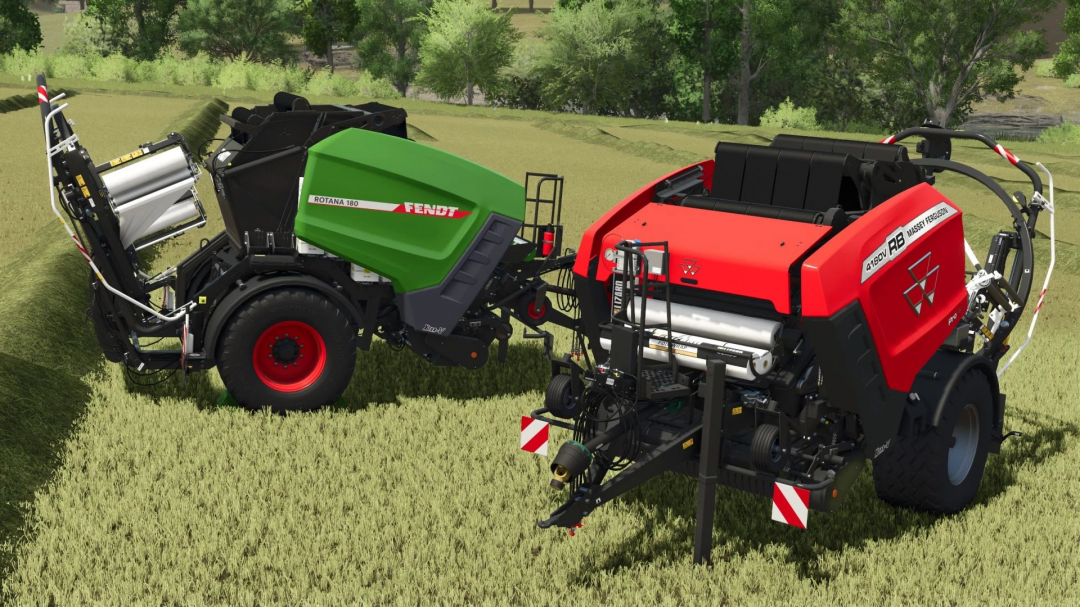 Fendt and Massey Ferguson balers in FS25 mod pack, showcasing agricultural machinery on field