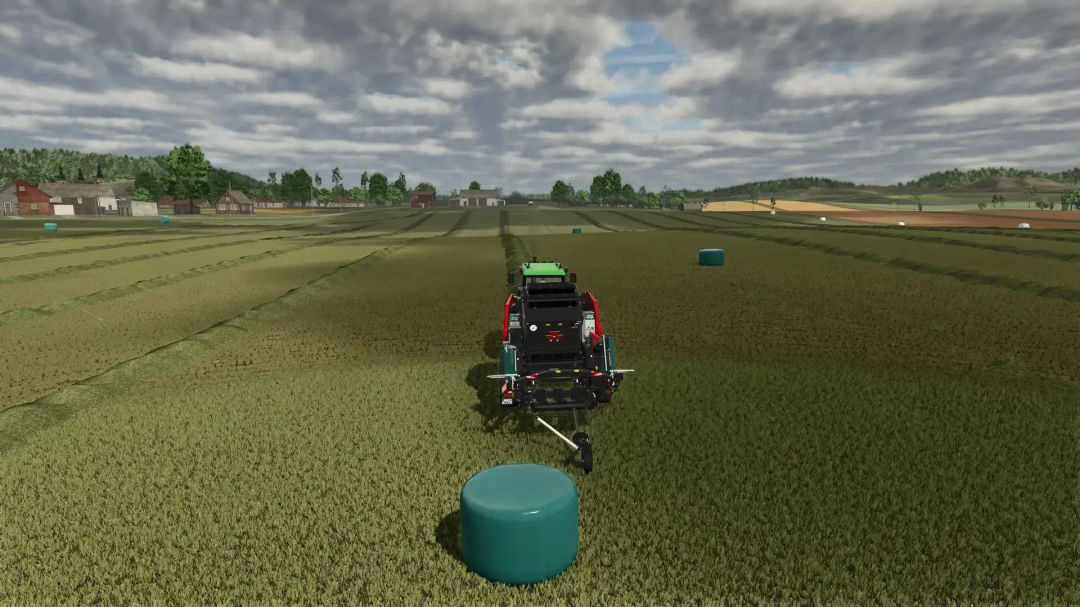 Fendt/MF press pack mod in Farming Simulator 25, showing a baler working on a field.