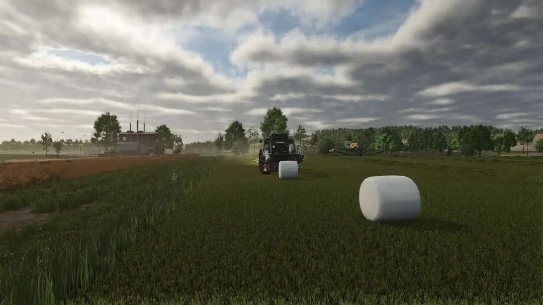 Fendt baler mod in FS25 on a lush field with hay bales under a cloudy sky.