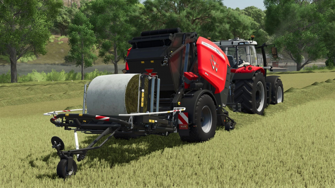 FS25 mod showing a Fendt/MF baler at work in a field, part of the Fendt/MF press pack v1.0.0.0.