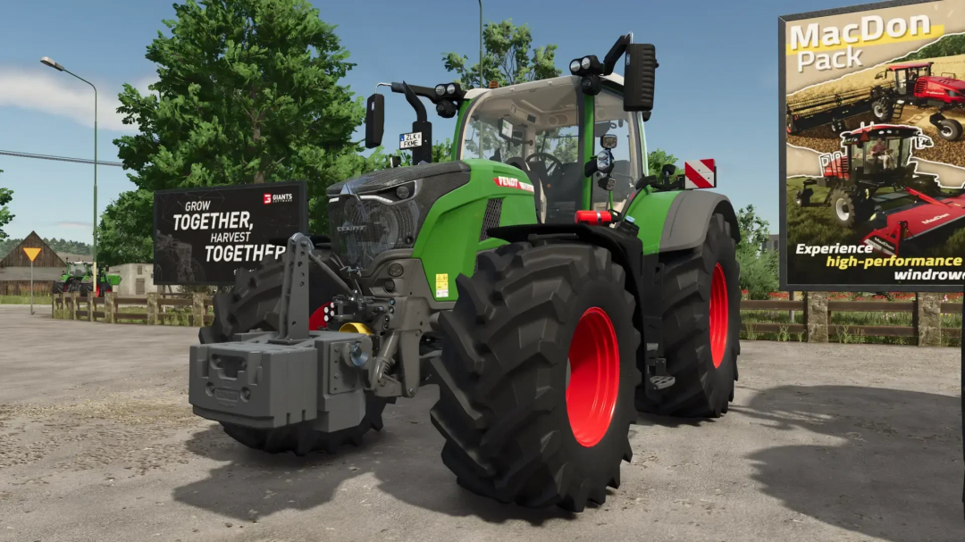 Fendt tractor with weight mod in FS25 parked near a billboard, showcasing Farming Simulator 25 mods.