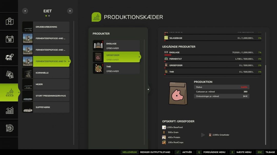 FS25 mod interface showing Fermenter/Pig food/TMR production details for version 1.6.0.5. Includes products like ensilage and grisefoder.