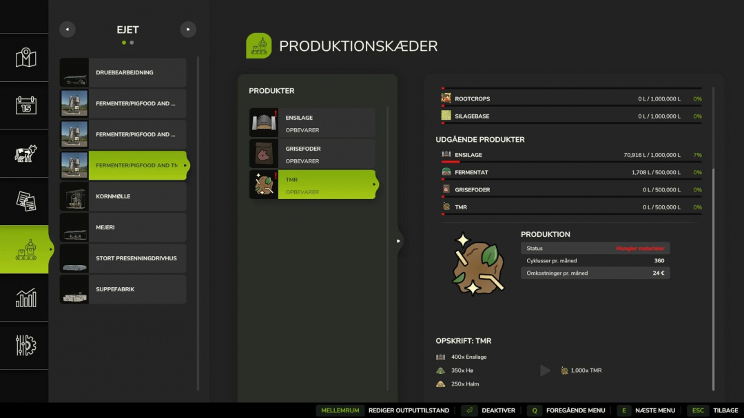 FS25 mods: Fermenter Pig food TMR v1.6.0.5 interface showing production details and resource management.