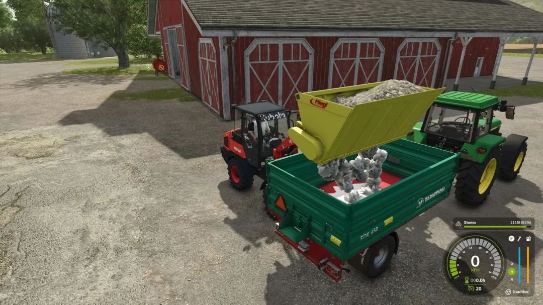 FS25 mod Fliegl Ruby 2000 Shovel v1.0.0.0 loading stones into green trailer next to barn