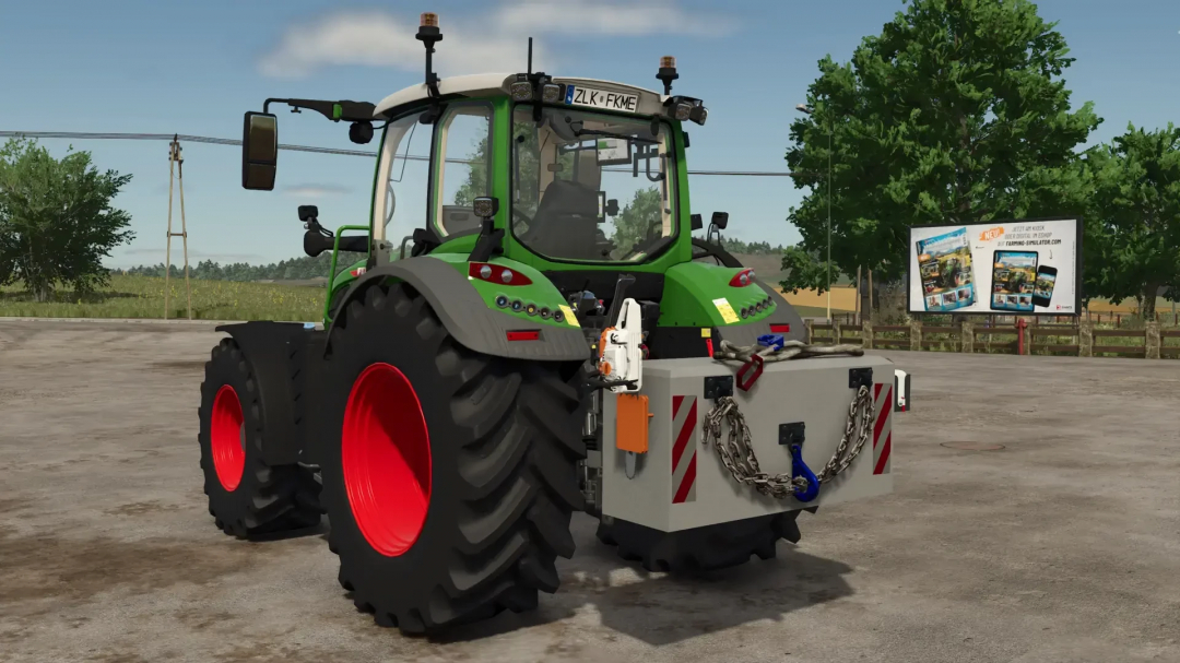 FS25 mod image featuring Forest Weight v1.0.0.0, showing a tractor with a heavy-duty weight attachment in a rural setting.