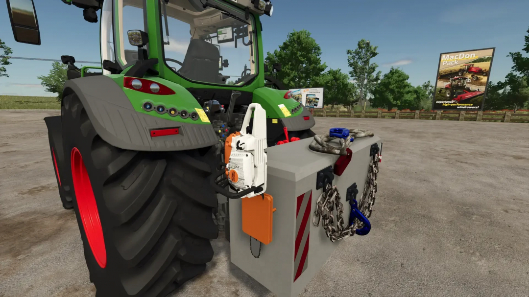 Tractor with Forest Weight mod in FS25, showcasing chainsaw and equipment storage.