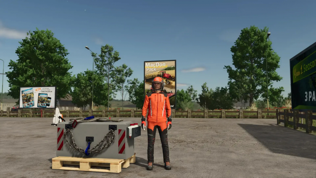 A character in orange protective gear stands beside the Forest Weight mod for FS25, with advertisement boards in the background.