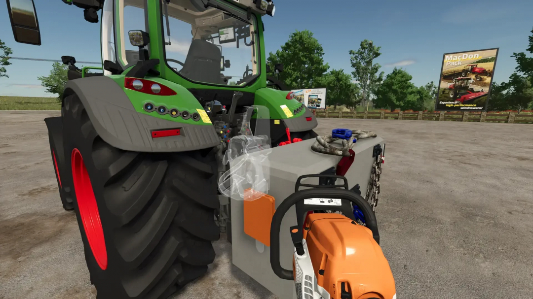 FS25 mod Forest Weight v1.0.0.0 shows a chainsaw attached to a tractor with weights in Farming Simulator 25.