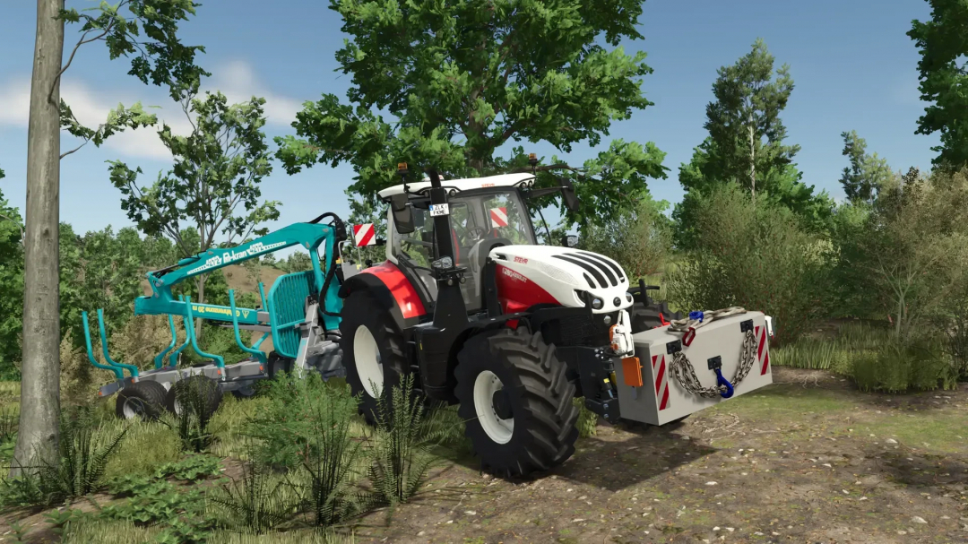 FS25 mod Forest Weight v1.0.0.0 shows a tractor with a front weight in a forest setting.