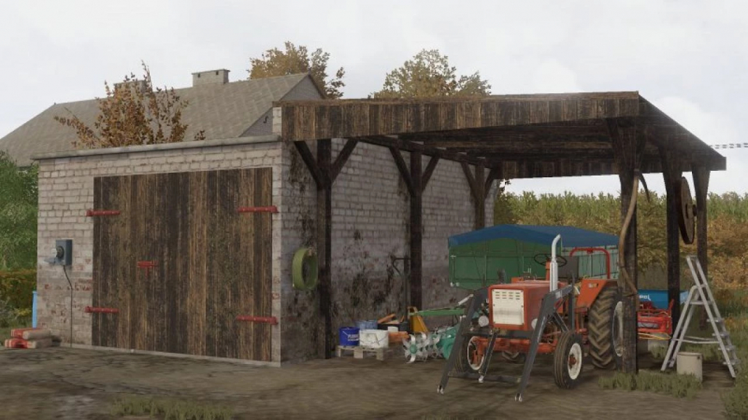 FS25 mod Garage with a carport v1.0.0.0 showing a rustic garage and carport with a tractor, in Farming Simulator 25.