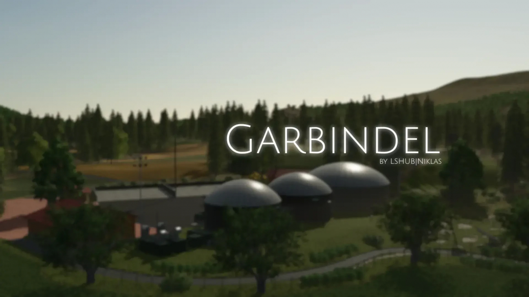 Scenic view of Garbindel Map in FS25 mod, featuring lush forests and industrial buildings.