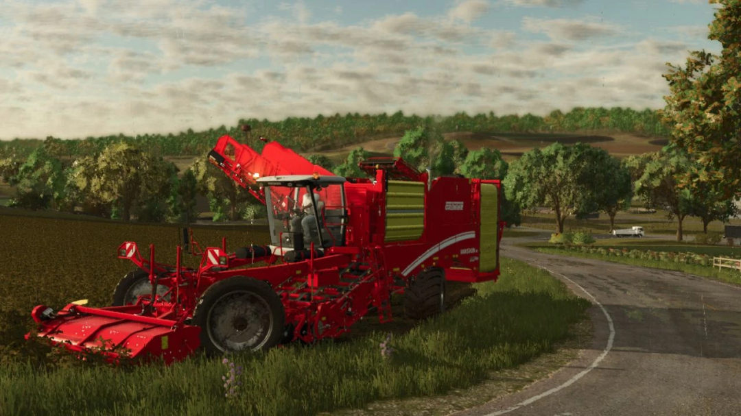 Grimme Varitron 470 Harvester in FS25 mod, showcasing red design on farm field.