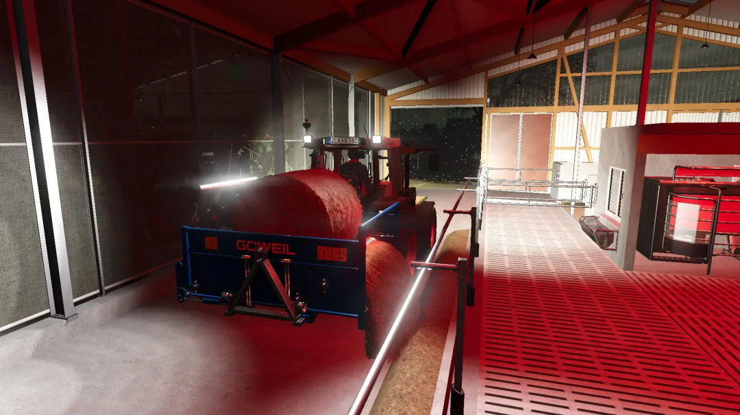 Göweil RBA bale shredder in use inside a barn in FS25 mod, Farming Simulator 25.