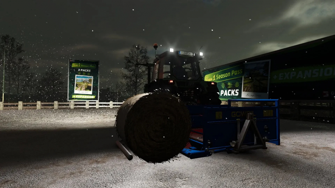 Göweil RBA bale shredder in FS25 mod, night scene with tractor and snow, Farming Simulator 25.