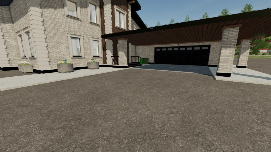 FS25 mod showing a modern house with a double garage in Farming Simulator 25, House 5 bed 4 bath v1.0.0.0.