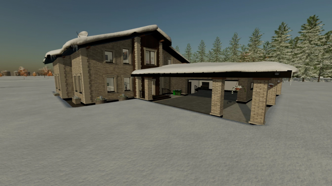 Modern house mod with snow-covered roof in FS25, featuring five bedrooms and four bathrooms.