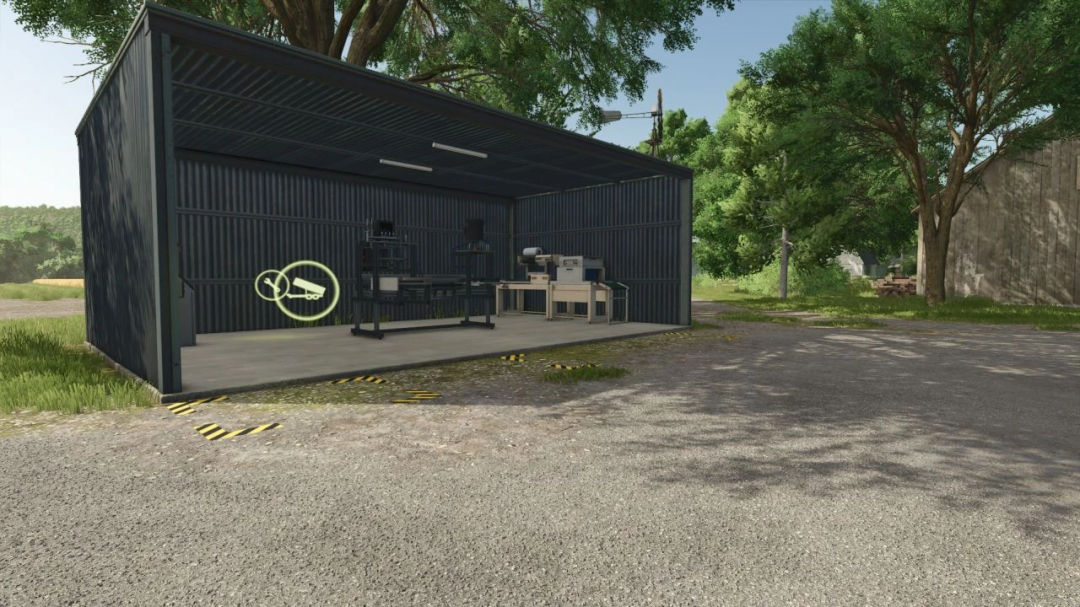 Open shed with farming equipment from FS25 mods Improved Productions.