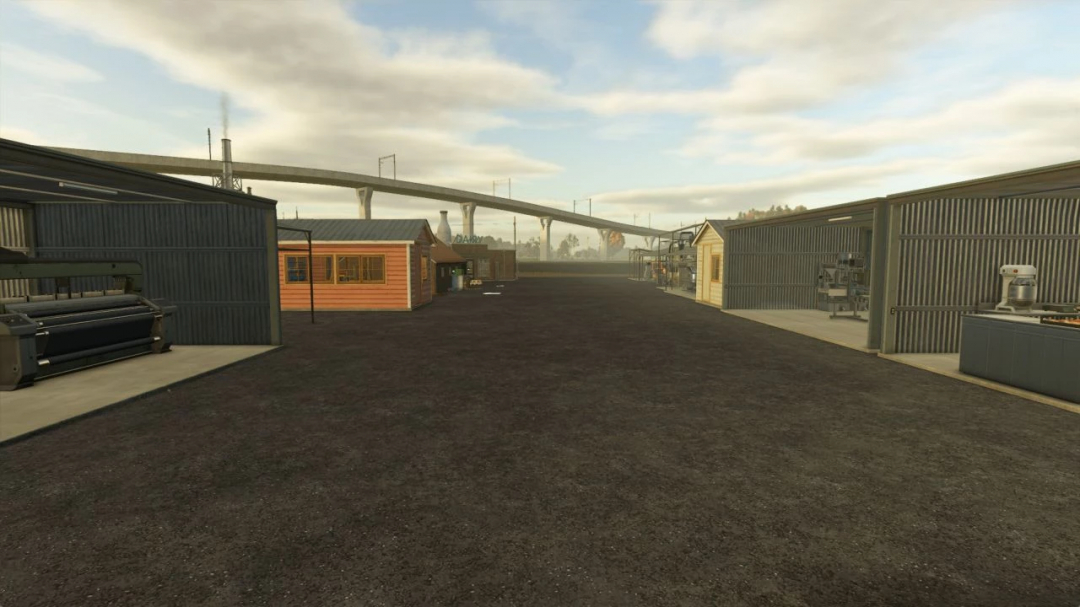 FS25 Improved Productions mod showing various production buildings and machinery.