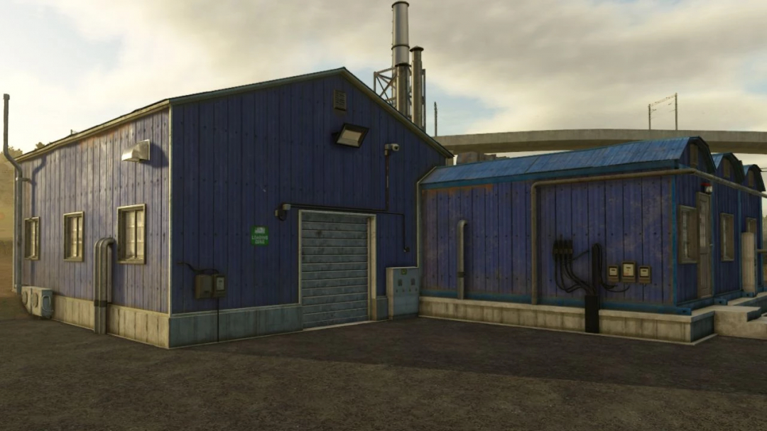 Blue industrial building featured in Improved Productions mod for FS25.