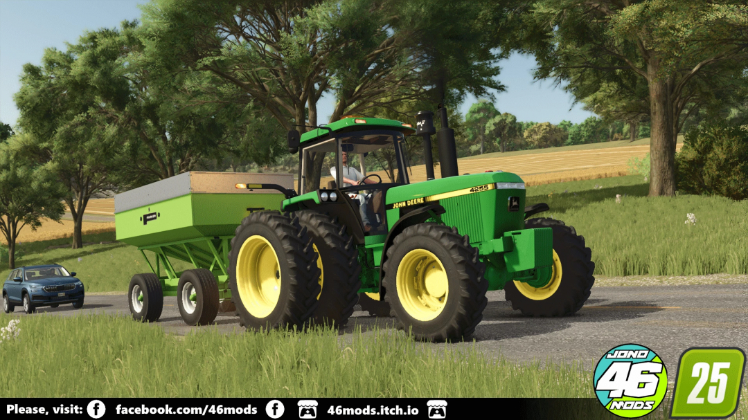 John Deere 4255 in FS25 mod, tractor pulling trailer on a rural road.