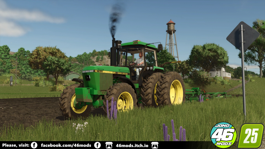 John Deere 4050-4055 tractor mod for FS25 in a field setting, showcasing realistic landscaping.