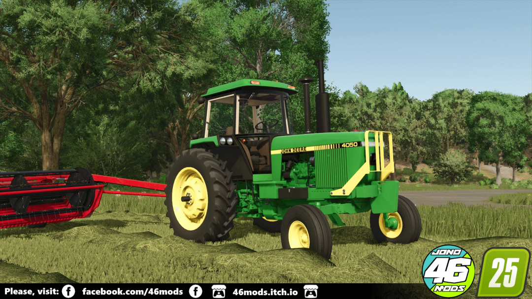 FS25 mod John Deere 4050 tractor in a field, showcasing greenery and implements.