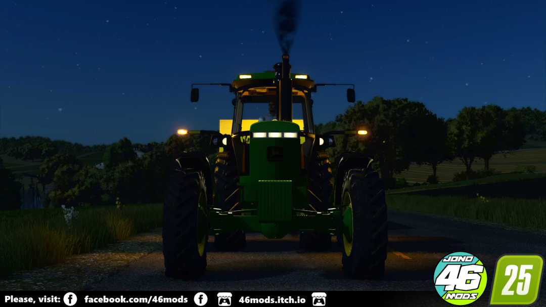 FS25 mod John Deere 4050-4055 tractor at night on a country road, headlights on.