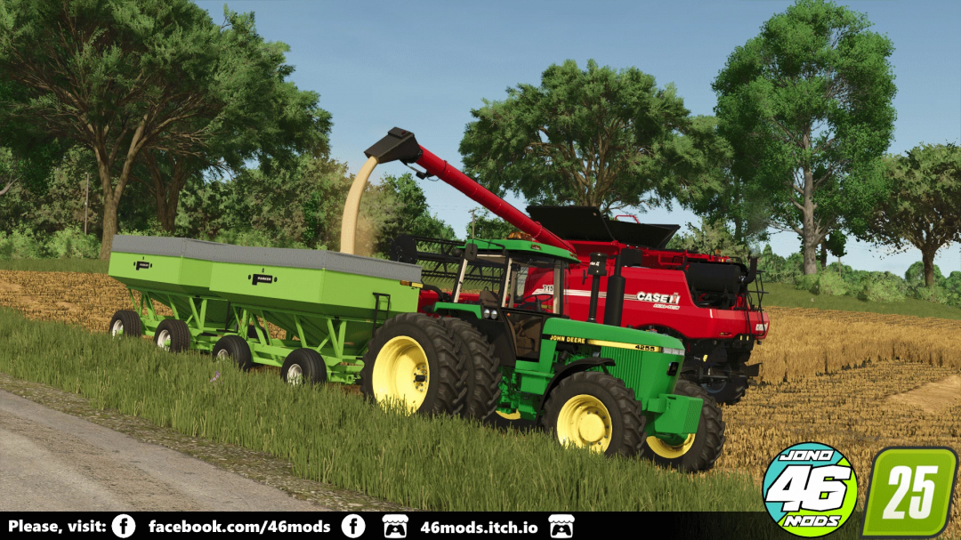 John Deere 4055 tractor with green grain cart in FS25 mod scene, showcasing farming simulation.