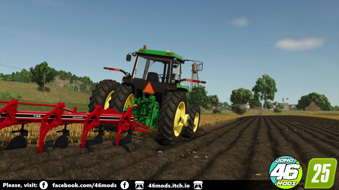 John Deere 4050-4055 tractor plowing field in FS25 mod scenery.