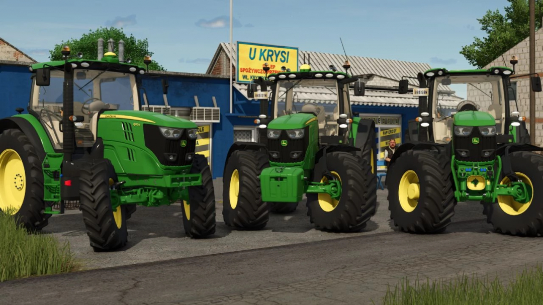 Three John Deere 6R tractors displayed in FS25 mod, Farming Simulator 25.