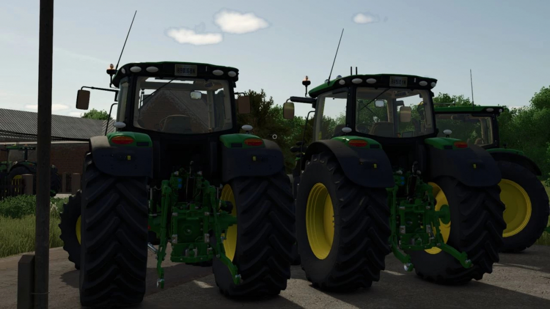 John Deere 6R Large Frame tractors in FS25 mod, parked side by side.