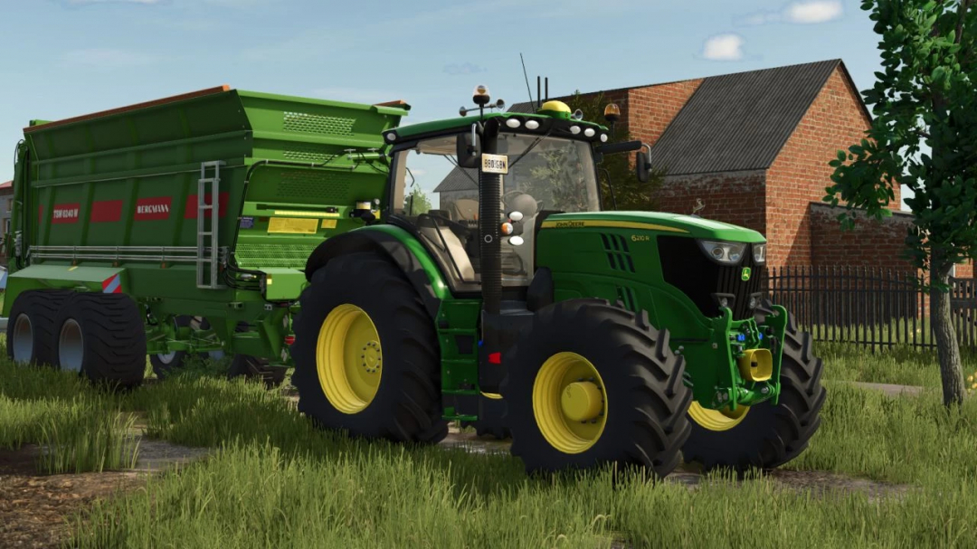 John Deere 6R tractor mod towing trailer in FS25, showcasing detailed farm equipment in Farming Simulator 25.