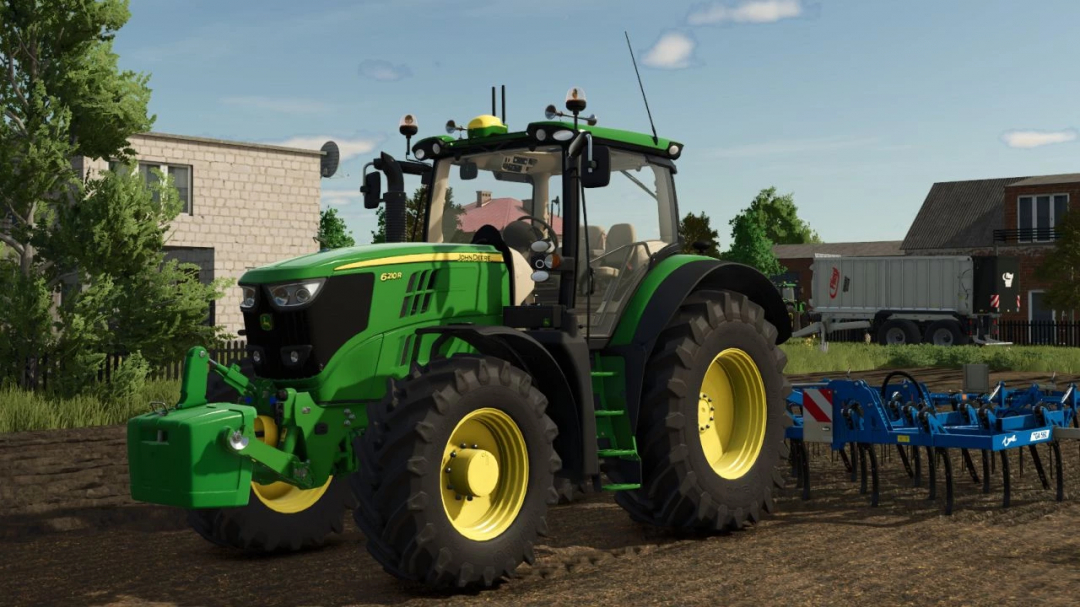 John Deere 6R tractor mod for Farming Simulator 25 in a farm setting.