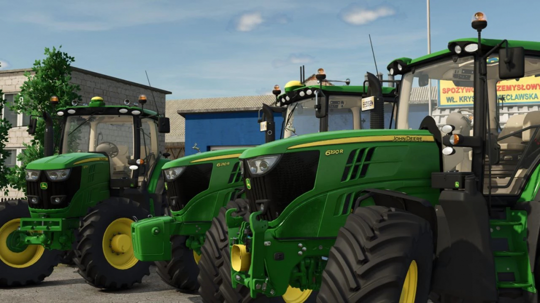 FS25 mod John Deere 6R Large Frame Series 2011 v1.0.0.0 with three green tractors in a parking area.