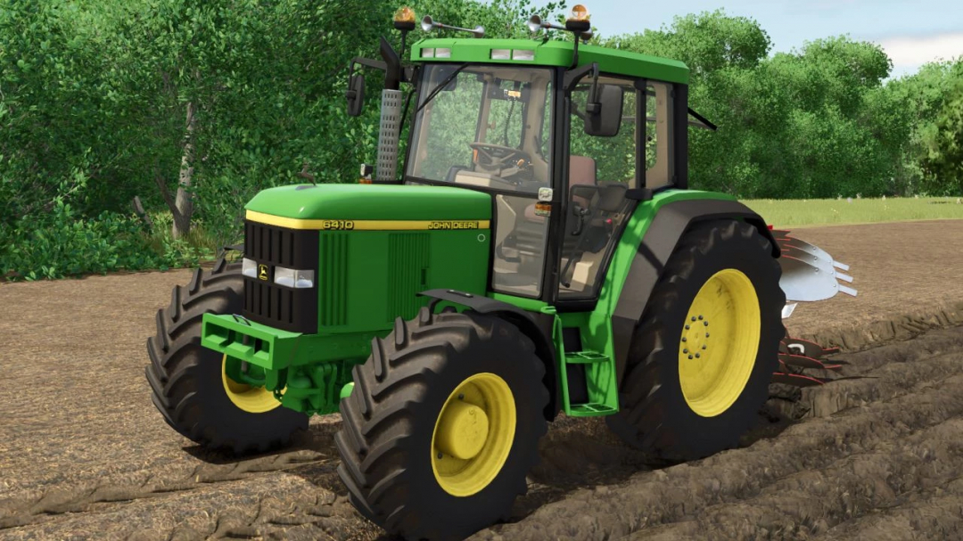 FS25 mod John Deere 6x10 tractor in a field, showcasing Farming Simulator 25 graphics.