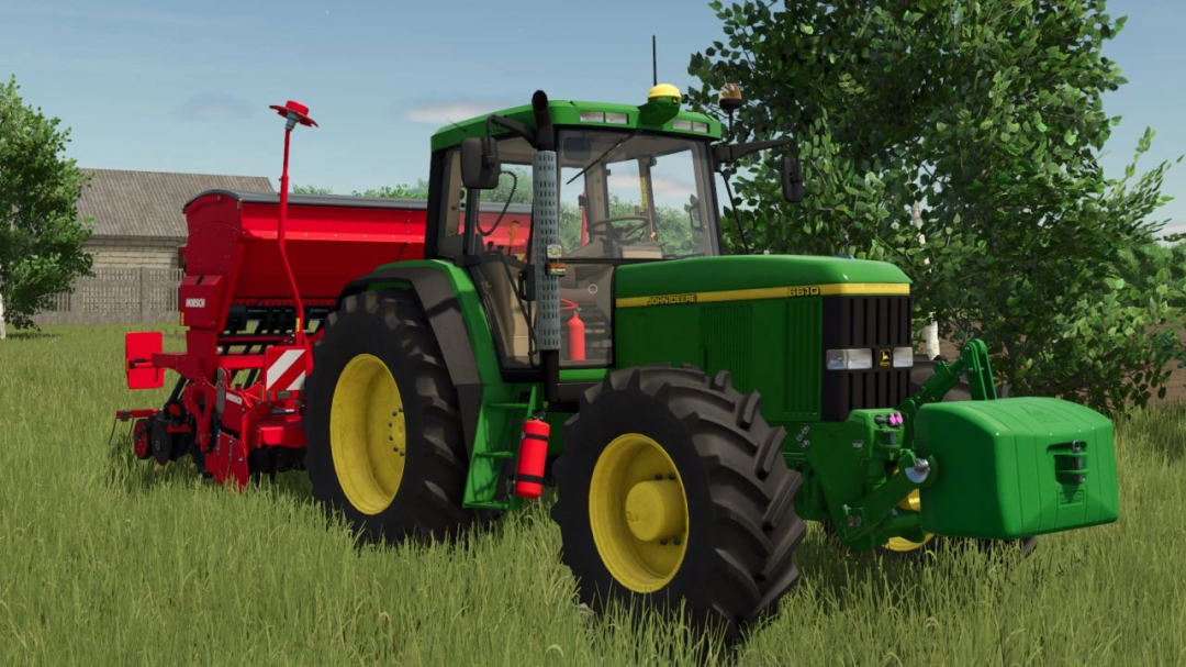 John Deere 6x10 tractor with attachment in FS25 mod, version 2.0.0.0, on a grass field.