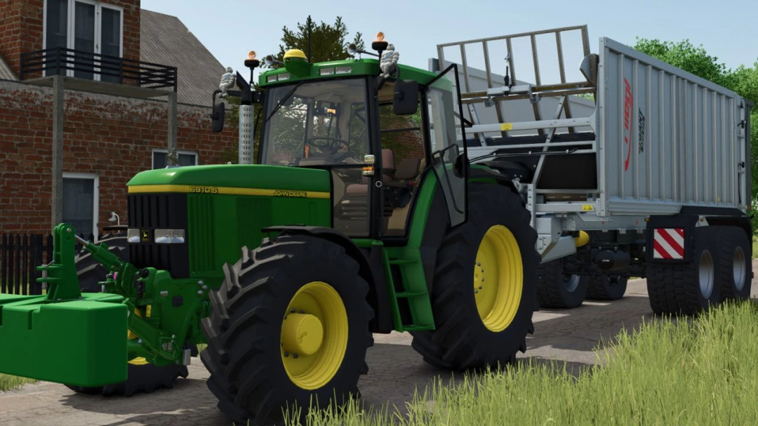 Farming Simulator 25 mod: John Deere 6x10 Series tractor with trailer on a farm.