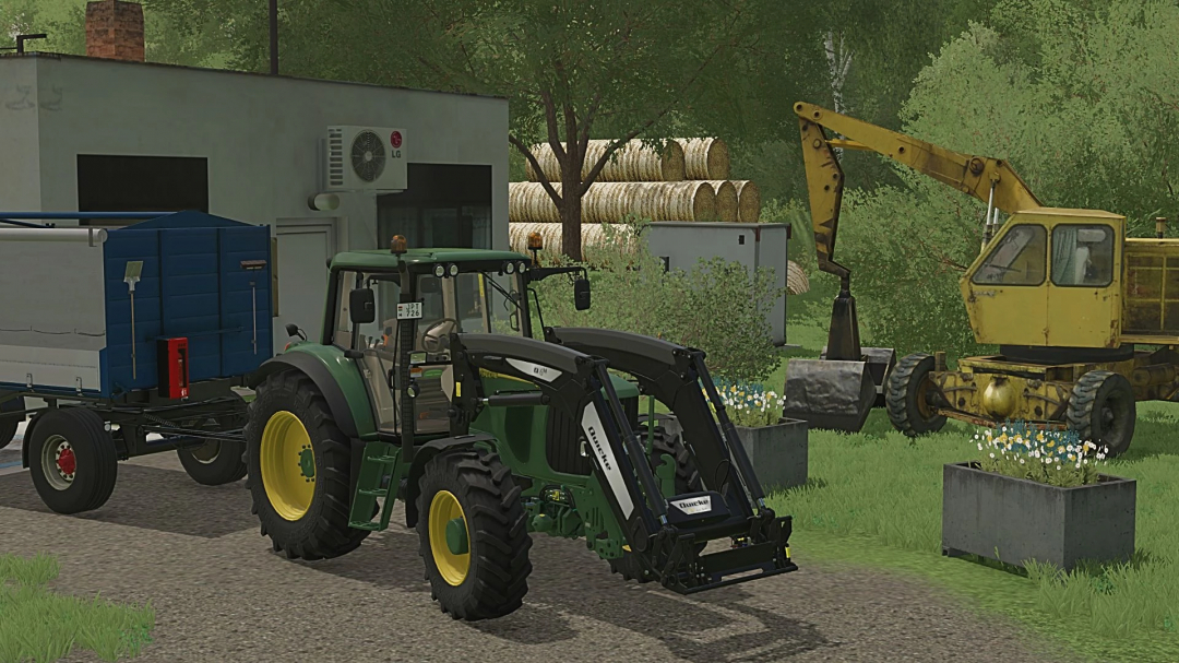 John Deere 6x20 Topola v1.0.0.0 mod in FS22, showcasing a green tractor with a loader in a farm setting.