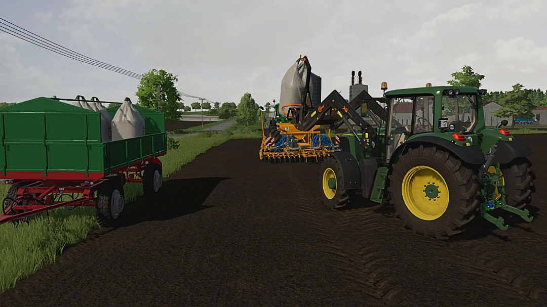 John Deere 6x20 Topola tractor mod in FS22 with seed drill and trailer on a farm.