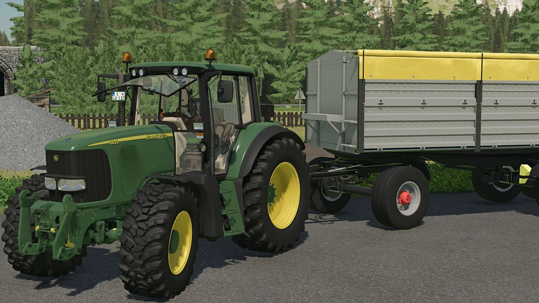 FS22 mod John Deere 6x20 Topola tractor with trailer in a forest setting.