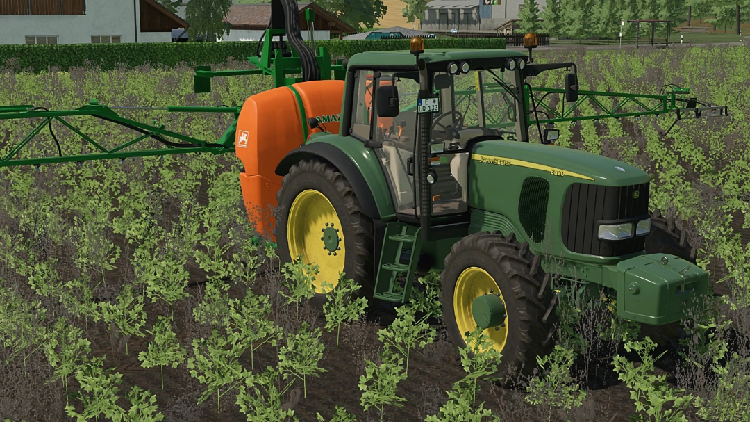 John Deere 6x20 Topola mod in FS22 spraying crops in a field.